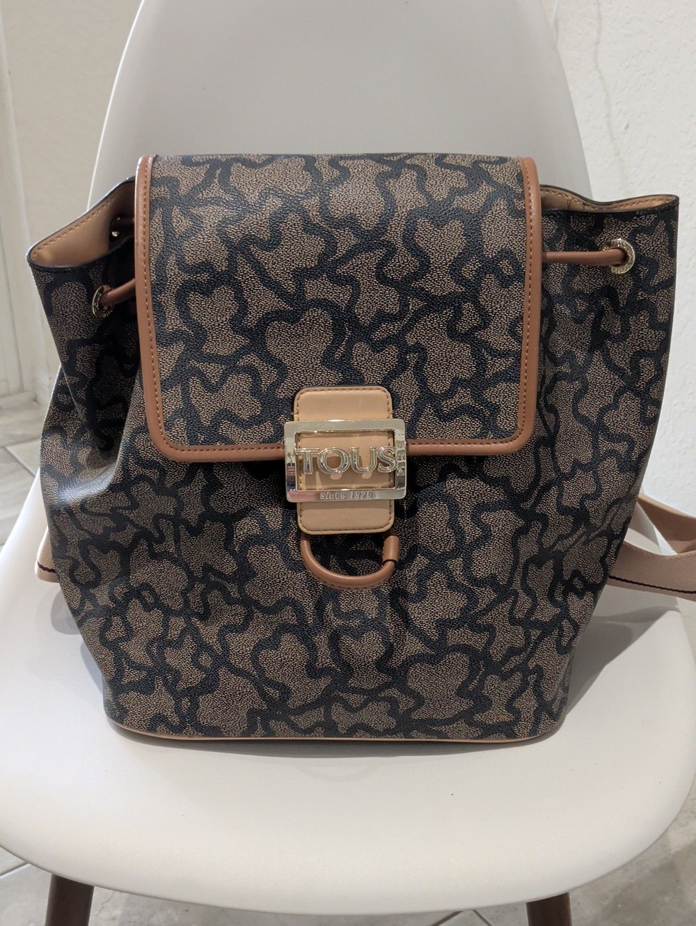 TOUS Brown Logo-Print Backpack with Tan Trim and Gold Hardware